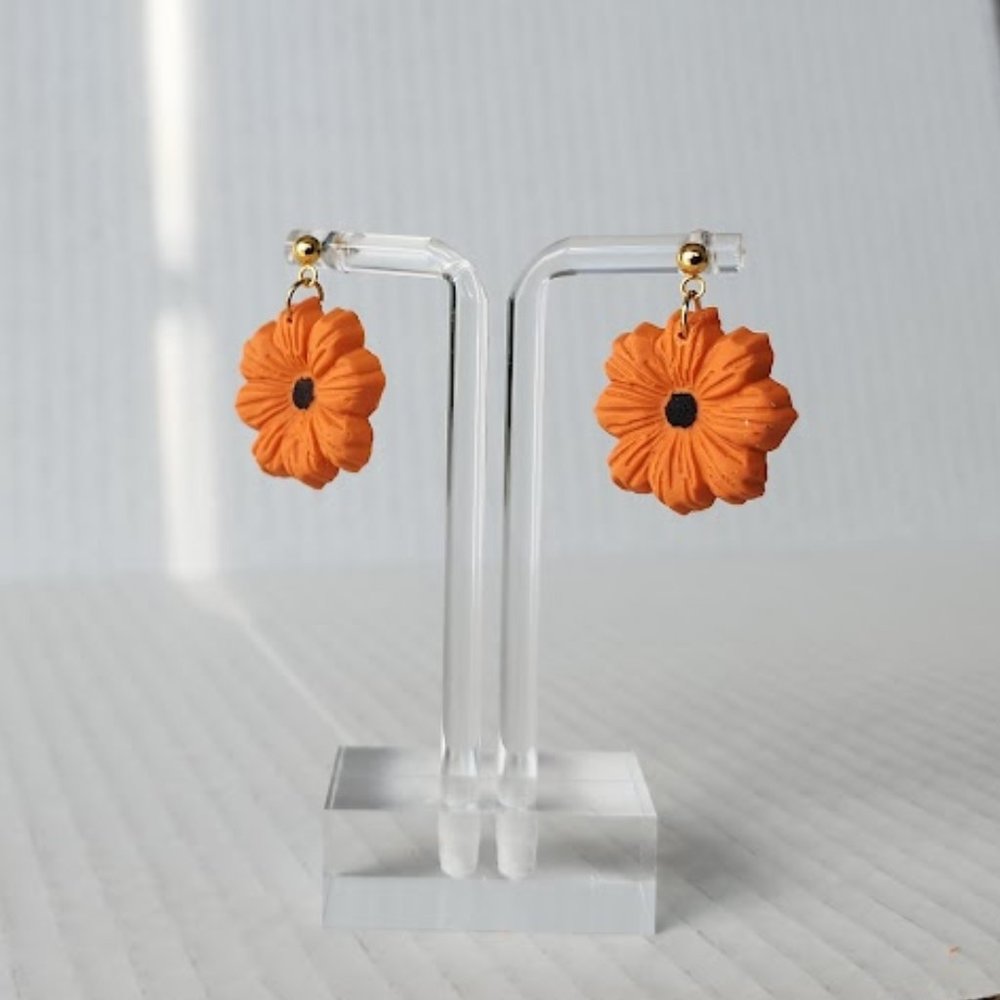 Orange flower Polymer clay earrings handmade Lightweight Hypoallergenic 1.25"
